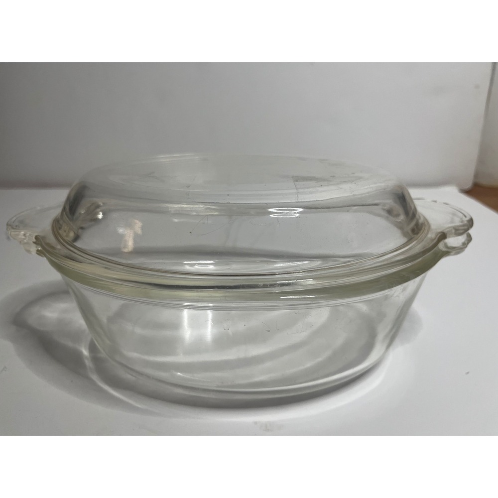 Anchor Hocking Fire King Glass Baking Dish 1.5 Qt Round Clear Lid Vintage